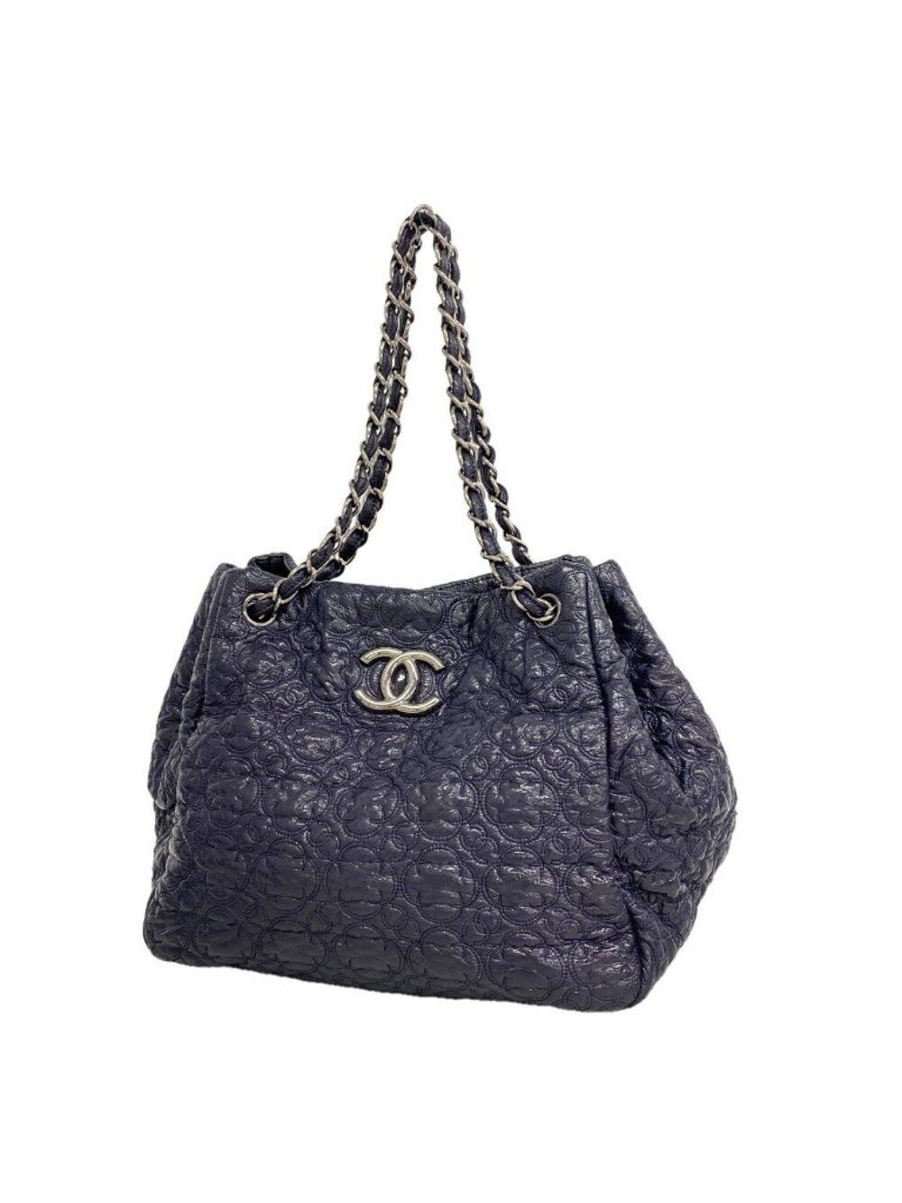 Chanel Shoulder Bag Leather Navy Silver